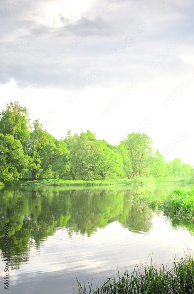Lake with trees in the background and a cloudy sky Lake with trees in the background and a cloudy sky
