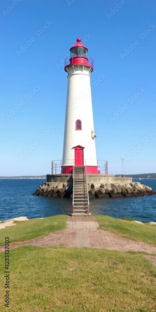 Historic Bug Light lighthouse overlooking Casco Bay in South Portland, Maine with clear blue skies, sunny, scenic, lighthouse