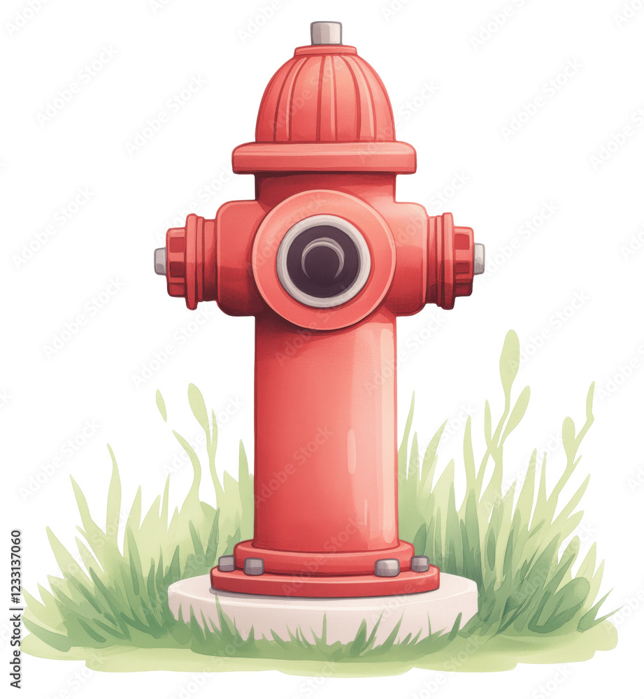 Fototapeta premium Watercolor illustration of a red fire hydrant standing on grass isolated on transparent background.