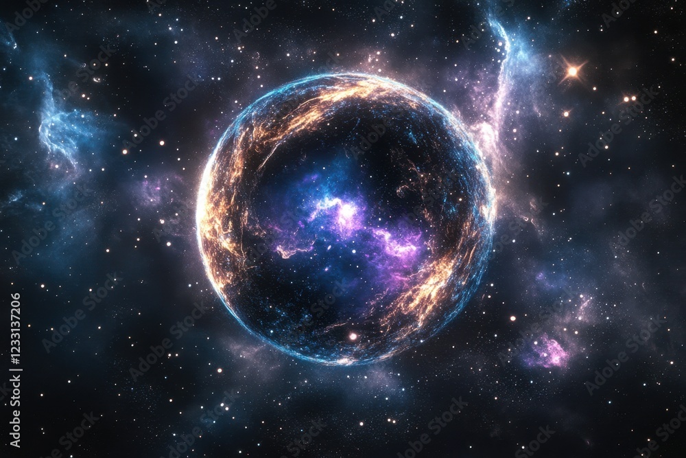 Obraz premium Cosmic sphere illuminated by vibrant nebulae in outer space