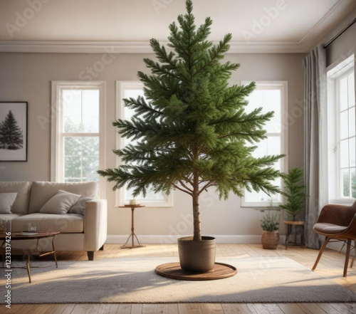 evergreen spruce tree with full branches and needles in a living room, spruce christmas tree, cozy room, holiday season photo