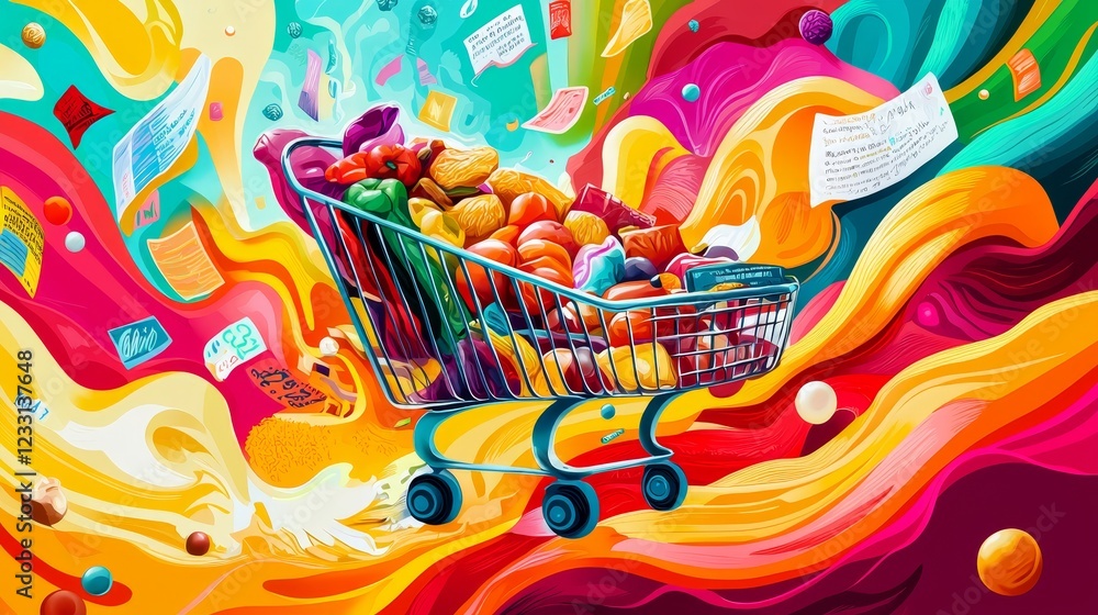Obraz premium An AI-generated abstract art piece blending visual elements of rising food prices, inflation symbols, and economic policy documents, vibrant colors, and dynamic swirls, Psychedelic Pop Art