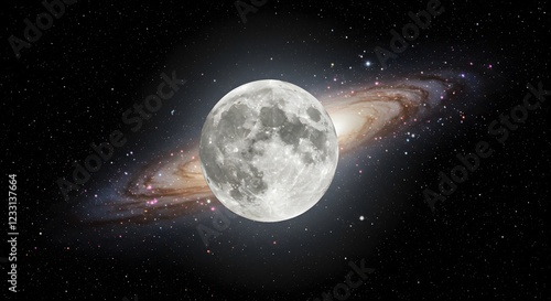 Full Moon Before a Spiral Galaxy in Space