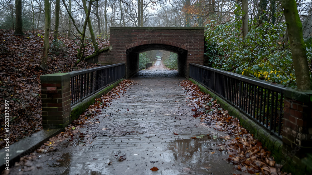 Rainy path under brick bridge in autumnal woods Rainy path under brick bridge in autumnal woods