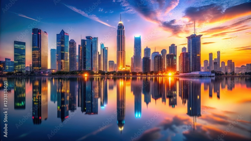 Fototapeta premium Futuristic cityscape at sunset with sleek skyscrapers and neon lights reflecting off a glassy lake, glassy surface, modernity