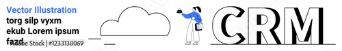 Person reaching towards cloud with large CRM text, implying customer relationship management. Ideal for business tools, innovation, productivity, cloud computing, digital marketing, analytics, flat