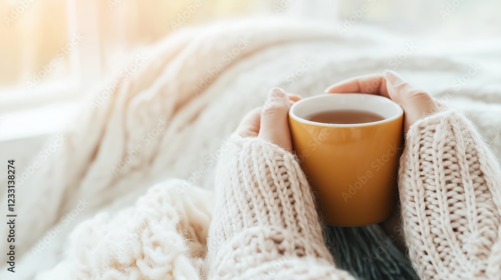 Cozy morning: woman holding coffee cup in warm sweater with soft blanket