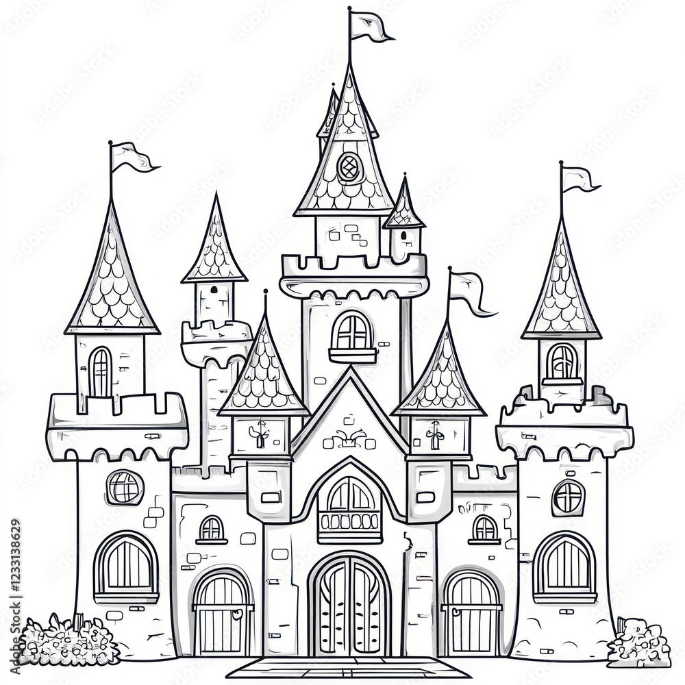 Obraz premium Fairytale castle illustration, line drawing.