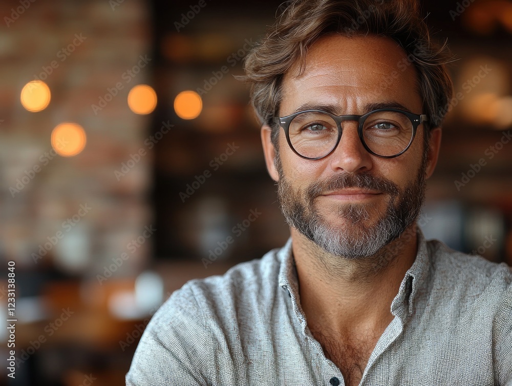 Close-up portrait of a man with glasses and beard in casual clothing with blurred background Close-up portrait of a man with glasses and beard in casual clothing with blurred background