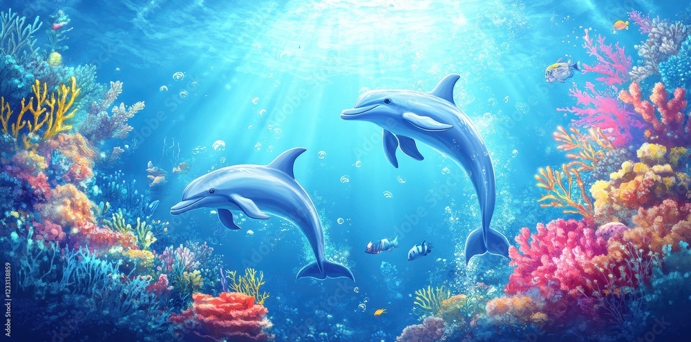 Fototapeta premium Two Dolphins Swimming Amongst Vibrant Coral Reefs