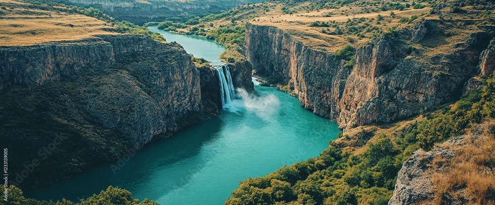 Fototapeta premium An aerial view of a beautiful waterfall cascading into a turquoise river surrounded by lush greenery and rugged cliffs, representing the power and beauty of nature in an untouched landscape.