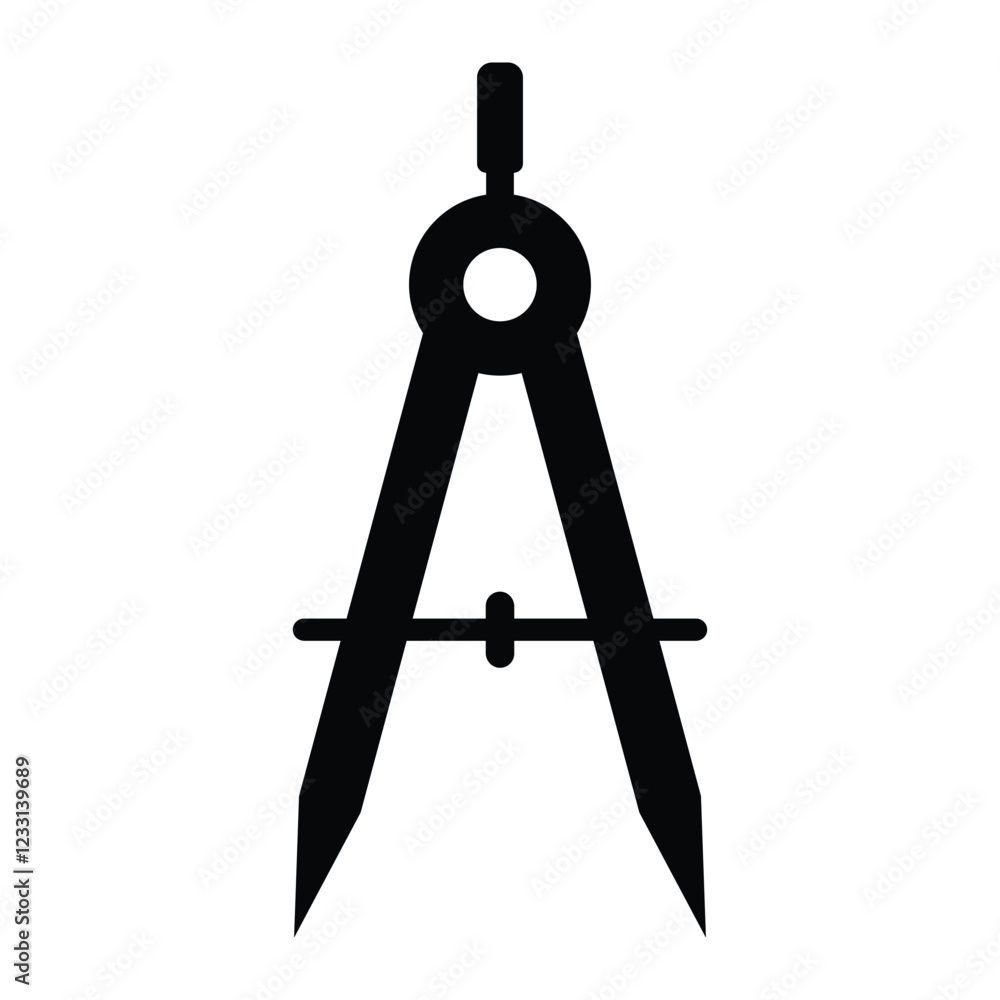Drawing compass vector icon. Drafting and geometry tool illustration. Mathematical instrument symbol for architects and designers. Black silhouette isolated on white background. Drawing compass vector icon. Drafting and geometry tool illustration. Mathematical instrument symbol for architects and designers. Black silhouette isolated on white background.