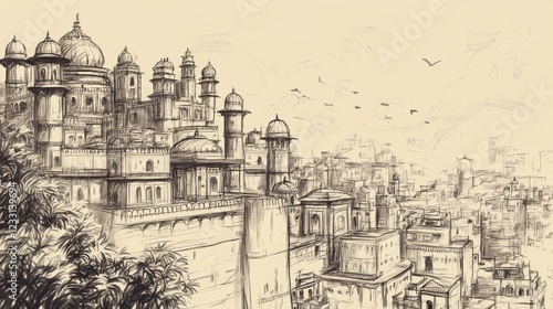 Indian city landscape, Sketch illustration.