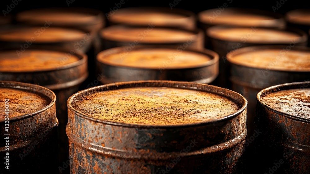 Close-up of rusted 200-liter fertilizer barrels in a vintage chemical storage facility, emphasizing the industrial and professional setting Close-up of rusted 200-liter fertilizer barrels in a vintage chemical storage facility, emphasizing the industrial and professional setting