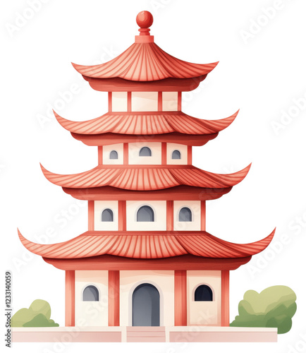 Wallpaper Mural Watercolor illustration of a traditional red pagoda isolated on transparent background. Torontodigital.ca