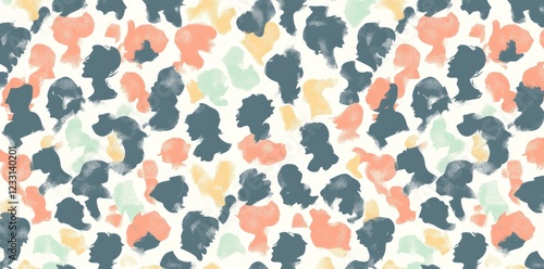 Abstract art features a colorful silhouette of a crowd, making up a seamless pattern. It celebrates a multi-ethnic community and cultural diversity, suitable as a group wallpaper background with a