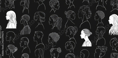 Black and white drawing of a seamless pattern with diverse crowd silhouettes, symbolizing a multi-ethnic community and cultural diversity.