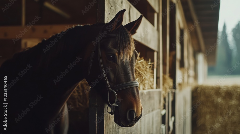 Fototapeta premium Serene Image of Horse Being Groomed in Stable with Wooden Walls, Soft Lighting, and Hay Bales: Ideal for Equestrian and Animal Care Content Highlighting Care and Bond