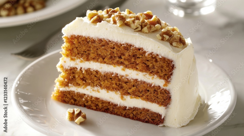 A slice of moist carrot cake with cream cheese frosting and a sprinkle of walnuts, placed on a plain white plate, Slice centered with a slightly angled view A slice of moist carrot cake with cream cheese frosting and a sprinkle of walnuts, placed on a plain white plate, Slice centered with a slightly angled view