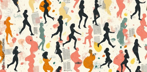 A visually dynamic crowd of people from various backgrounds surrounds an abstract, seamless pattern, depicted in a modern collage painting style. This artwork embodies a large, culturally diverse