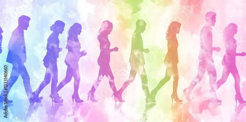 A mix of individuals from different cultures surrounds an abstract art design,无缝ly integrated. The illustration captures the essence of a diverse community with its wide range of cultural