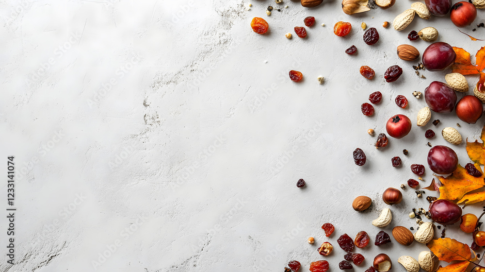 variety of nuts and dried fruits scattered on textured surface with autumn leaves, creating rustic and seasonal feel variety of nuts and dried fruits scattered on textured surface with autumn leaves, creating rustic and seasonal feel