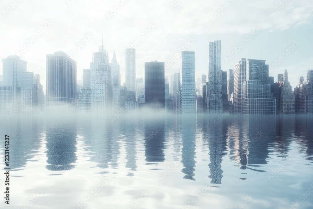 Obraz premium Misty city skyline reflected in calm water creates a serene urban landscape at dawn
