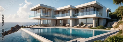 Modern villa with infinity pool and ocean view  modern architecture  tropical house  minimalist decor