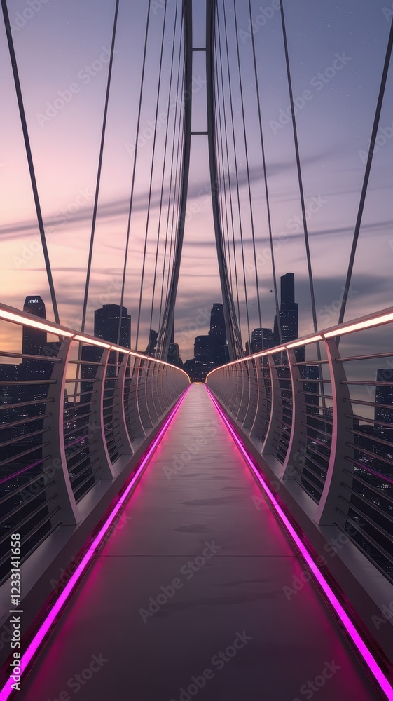 Obraz premium A modern, illuminated pedestrian bridge at twilight, showcasing vibrant pink lights along the walkway with a city skyline in the background.