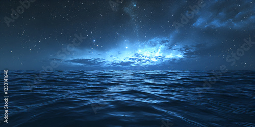 Starry Sky Over a Tranquil Ocean with Soft Waves for a Peaceful Night photo