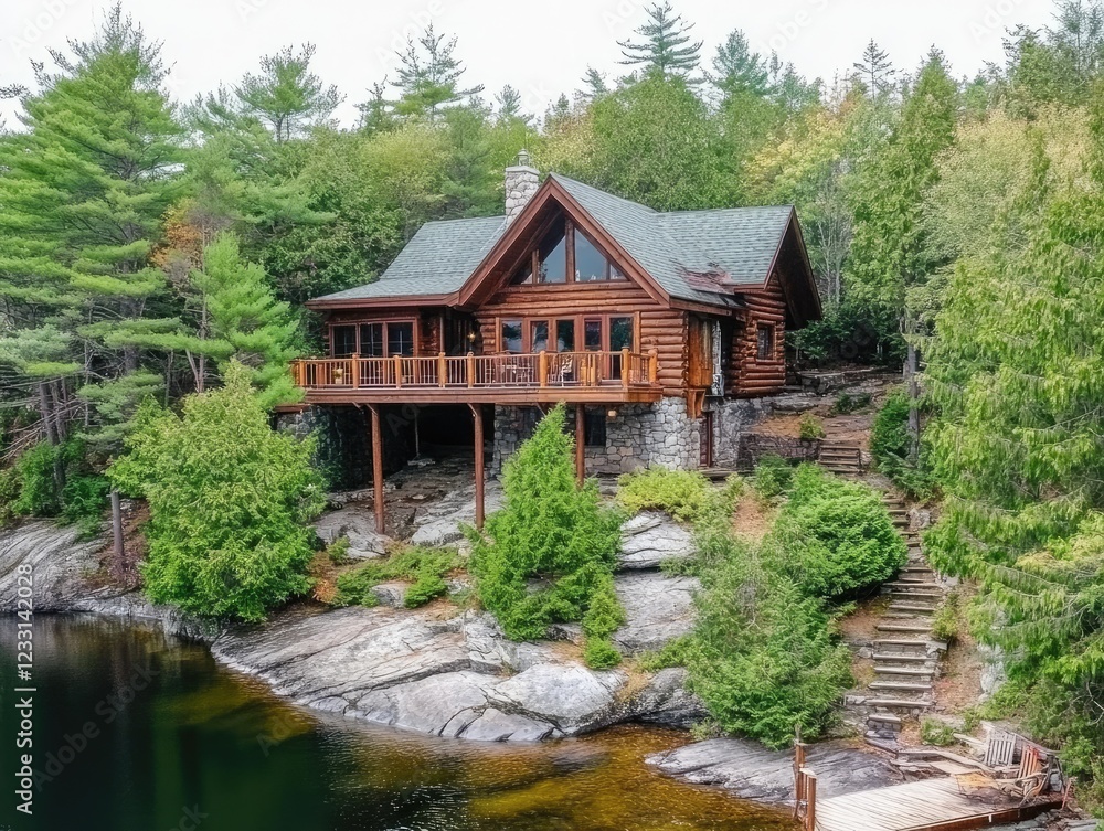 Secluded Log Cabin Retreat Nestled on a Rocky Shoreline Surrounded by Lush Forest Secluded Log Cabin Retreat Nestled on a Rocky Shoreline Surrounded by Lush Forest
