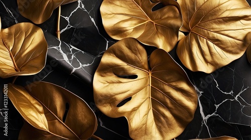 Glamorous botanical artwork with shimmering golden leaves and dark elegance photo