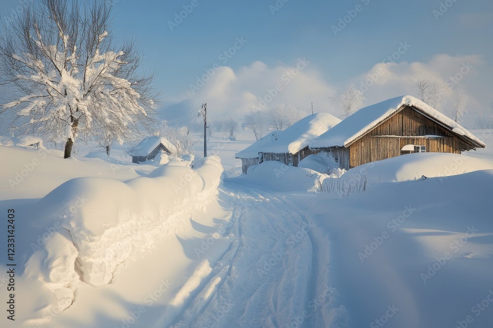 Snow-covered village pathway lined with winter cabins in a serene landscape Snow-covered village pathway lined with winter cabins in a serene landscape