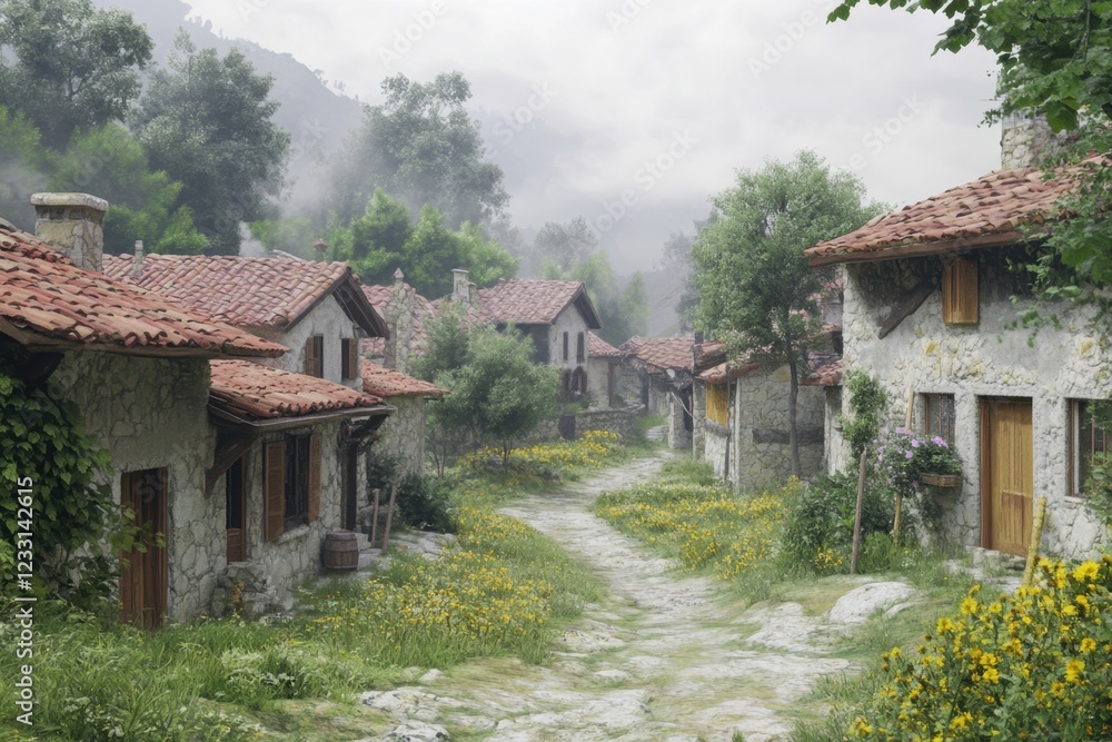 Charming rustic village nestled in nature with blooming flowers on a misty morning Charming rustic village nestled in nature with blooming flowers on a misty morning