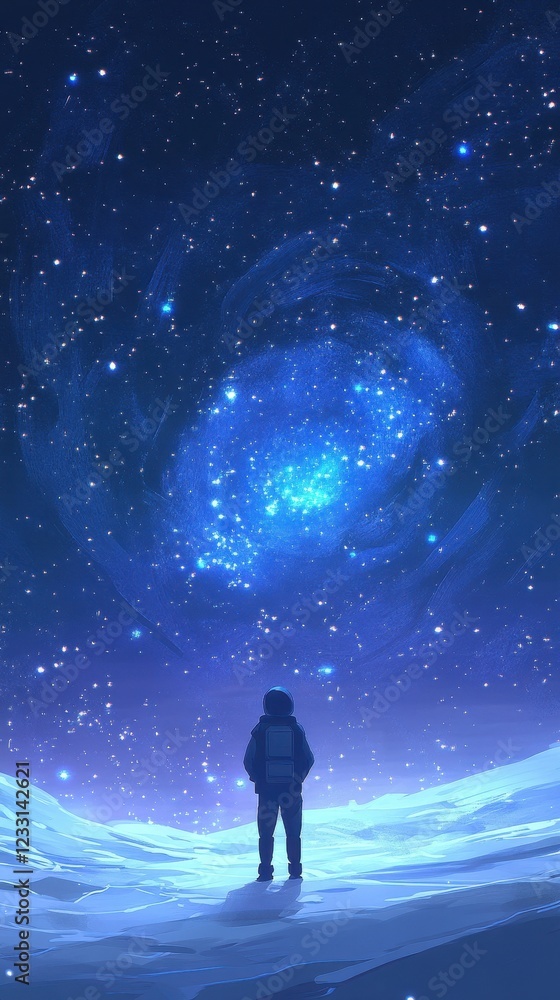 Solitary Figure Gazing at a Celestial Galaxy in the Night Sky Solitary Figure Gazing at a Celestial Galaxy in the Night Sky