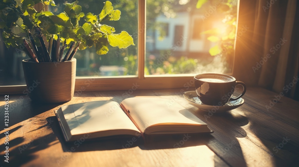 Serene Morning Scene with Book, Coffee, and Sunlight by Window Serene Morning Scene with Book, Coffee, and Sunlight by Window