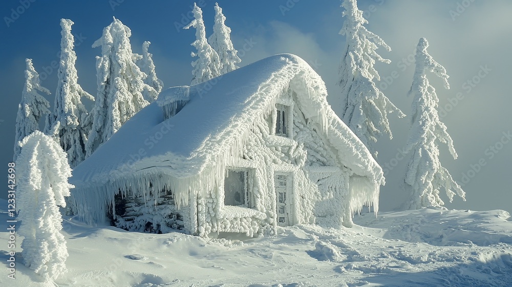 Fototapeta premium Isolated mountain home encased in ice and snow, with remnants of an avalanche creating a stark winter scene