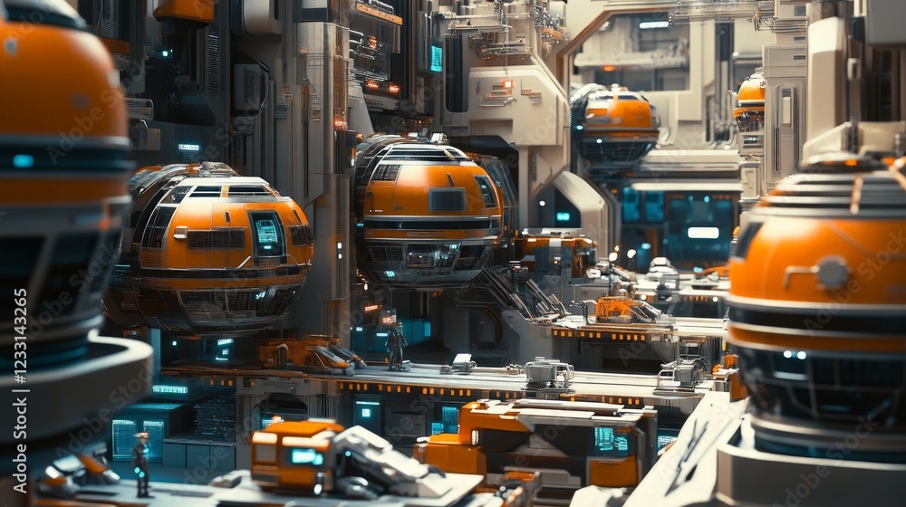 Fototapeta premium Futuristic Cityscape with Orange Pods and High-Tech Structures