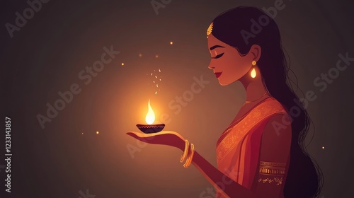 Indian woman holding diya or oil lamp in hand. diwali festival concept.