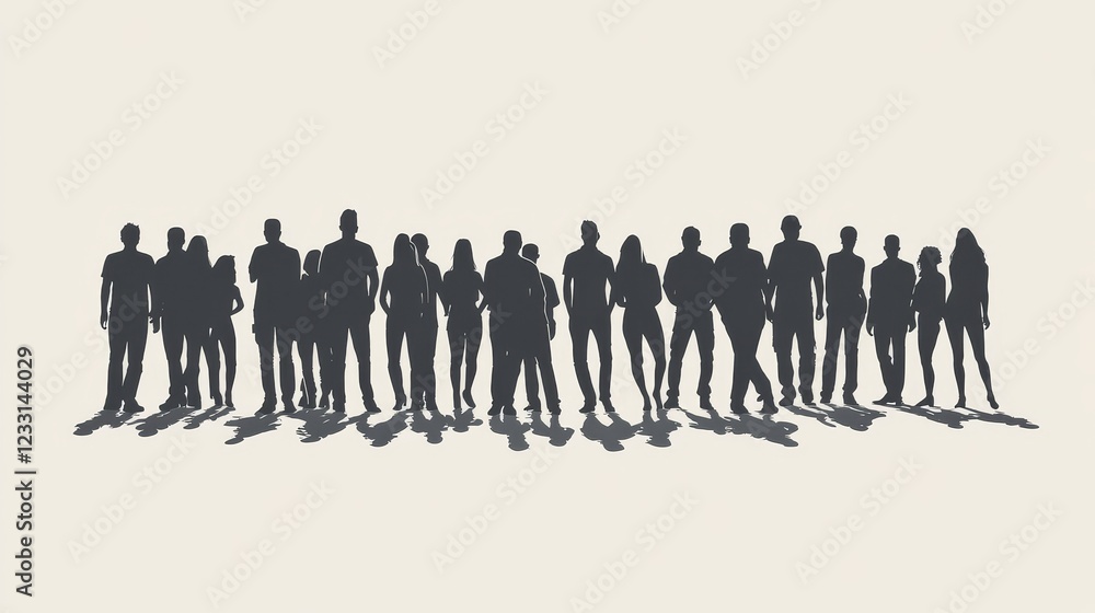 A dense lineup of silhouetted forms presented in grayscale, conveying a gathering or population in an abstract artistic manner. A dense lineup of silhouetted forms presented in grayscale, conveying a gathering or population in an abstract artistic manner.