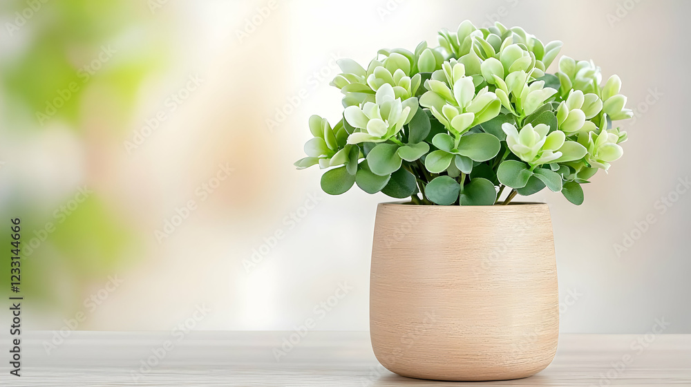 Green plant in pot on table, blurred background, home decor