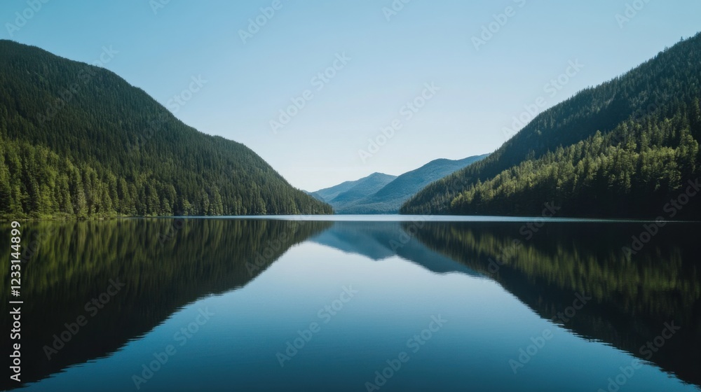 Serene Mountain Landscape with Clear Blue Sky, Calm Lake Reflecting Peaks, and Lush Green Forests: Peaceful and Picturesque Natural Scene Ideal for Landscape Photography and Nature Content Serene Mountain Landscape with Clear Blue Sky, Calm Lake Reflecting Peaks, and Lush Green Forests: Peaceful and Picturesque Natural Scene Ideal for Landscape Photography and Nature Content