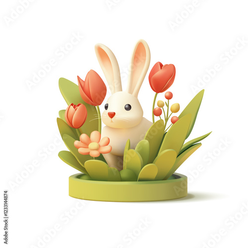 Cute bunny in the grass, daisies and tulips, 3D. Beautiful spring scene for advertising concepts. The image is on a white background. Vector