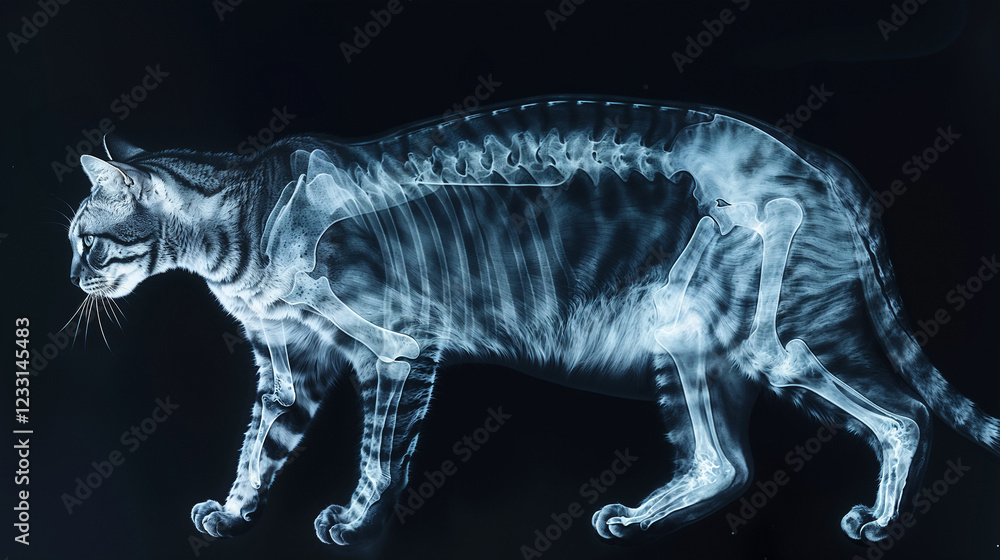 Fototapeta premium Striking X-ray composition showing a cat in profile with visible skeletal framework and musculature rendered in ethereal blue luminescence