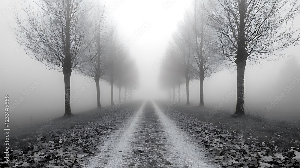 Obraz premium Foggy road, trees, winter, landscape, mystery, path, monochrome, nature, travel, background