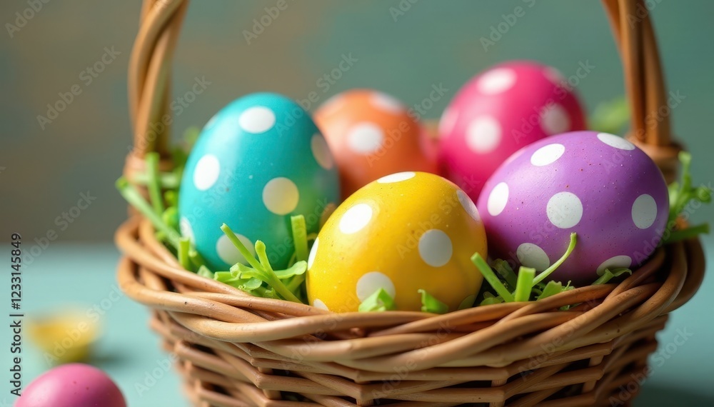 Polka-dotted, rainbow hued eggs nestled in a woven basket , polka dot, colorful Polka-dotted, rainbow hued eggs nestled in a woven basket , polka dot, colorful