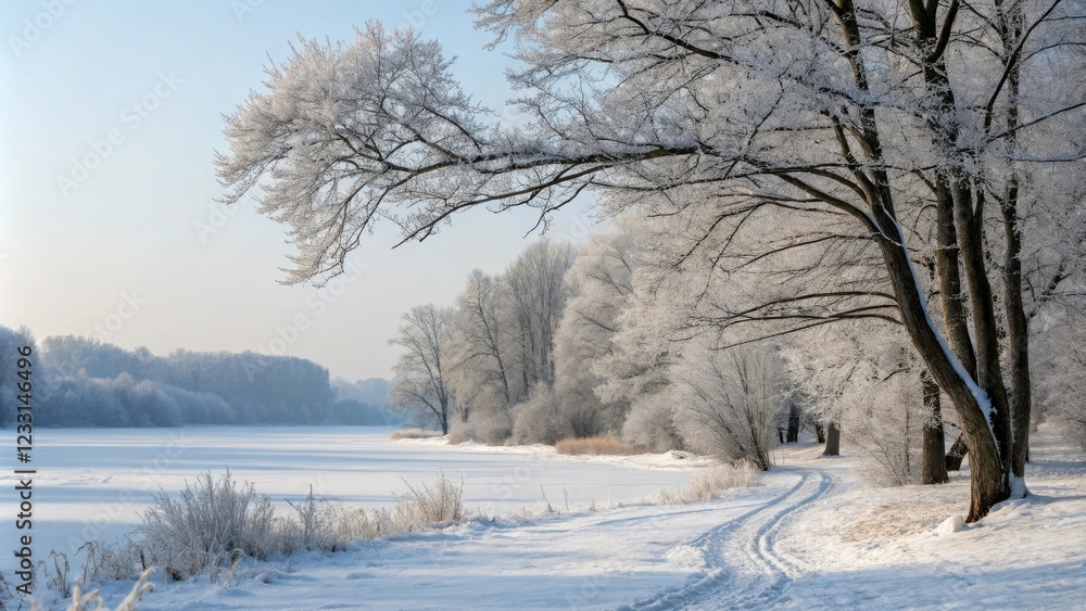 Frozen landscape of snow-covered trees with bare branches, serene, winter, branches Frozen landscape of snow-covered trees with bare branches, serene, winter, branches