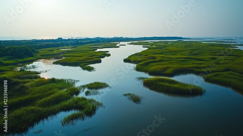 Aerial view of lush green marshland with waterways reflecting the sky along the coastline photo