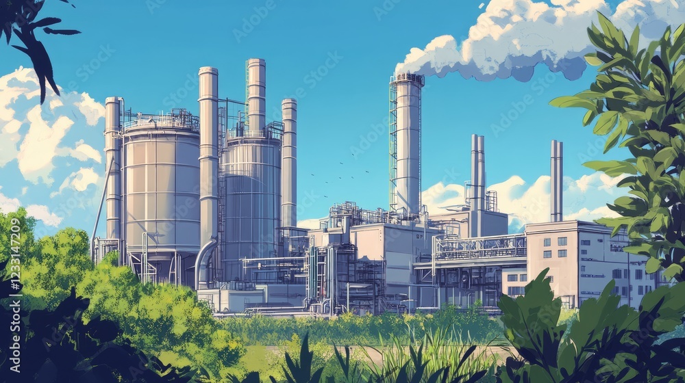 Obraz premium Industrial landscape with blue sky and green plant
