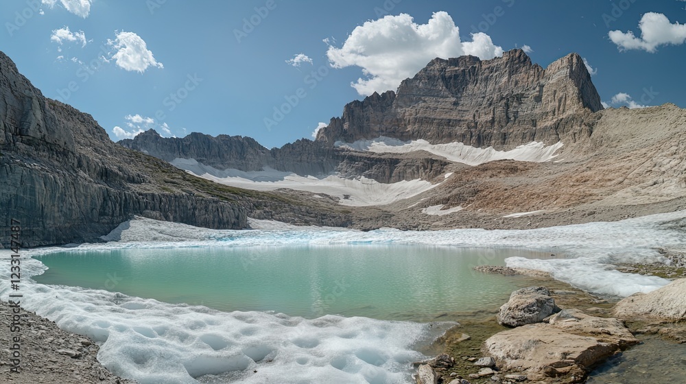 Obraz premium High altitude lake with icy shores reflects the mountain range under a blue sky